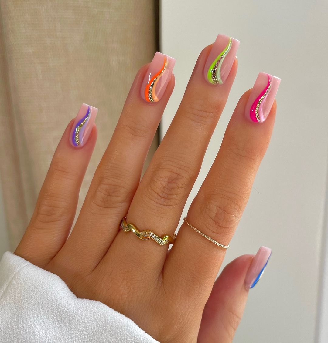 Neon Wave Swirls Nail Design