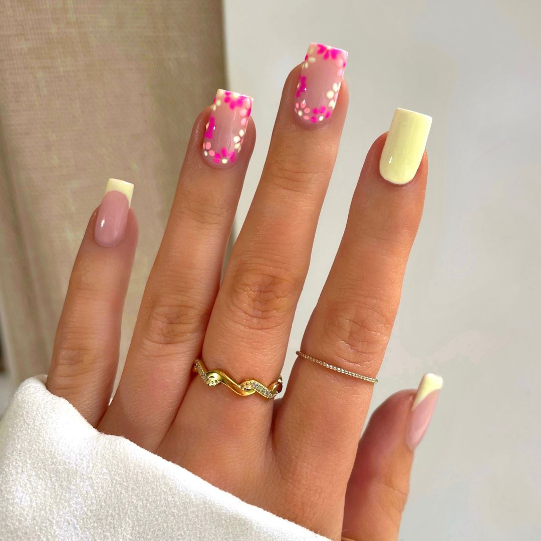 Neon Floral Frames Nail Design