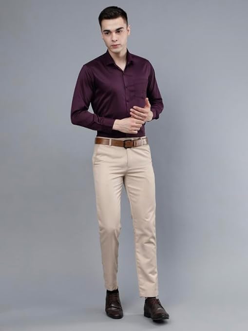 Purple Shirt with Beige Pants