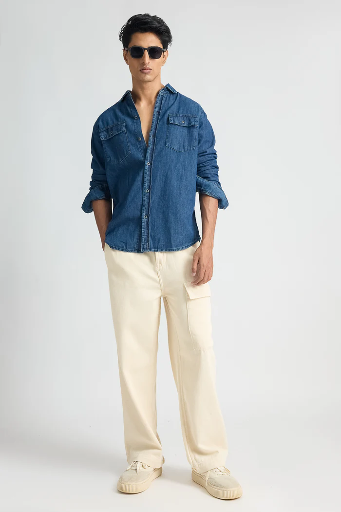 Cream Pant with Denim Shirt