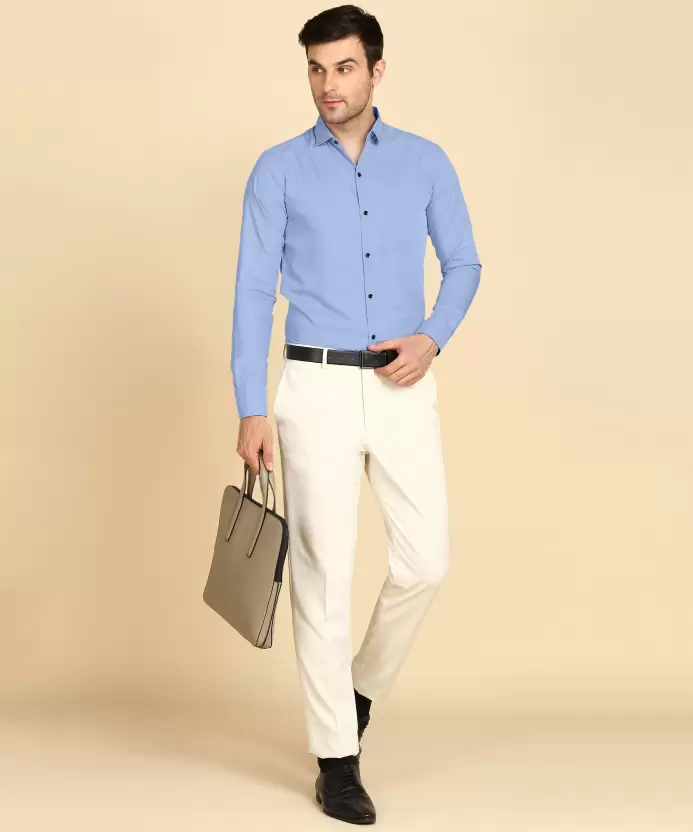 Cream Pant with Light Blue Shirt