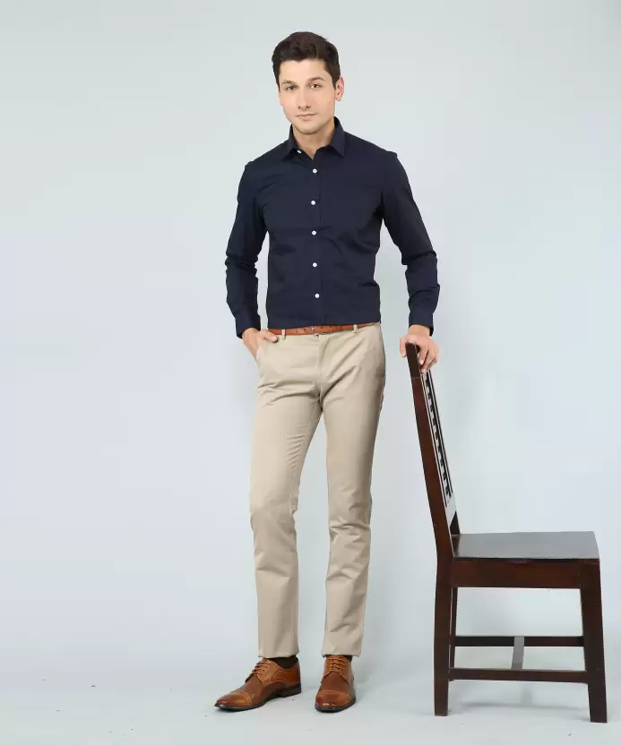 Cream Pant with Navy Blue Shirt