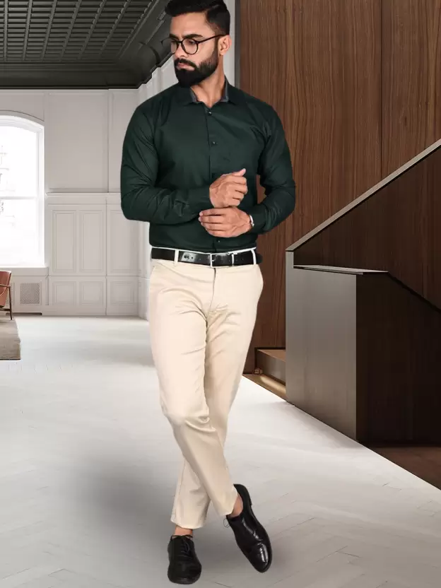 Cream Pant with Olive Green Shirt