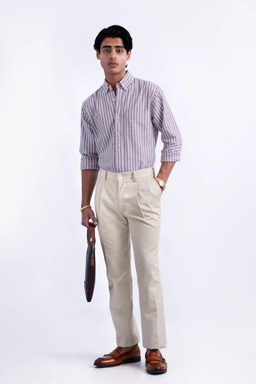 Cream Pant with Striped Shirt