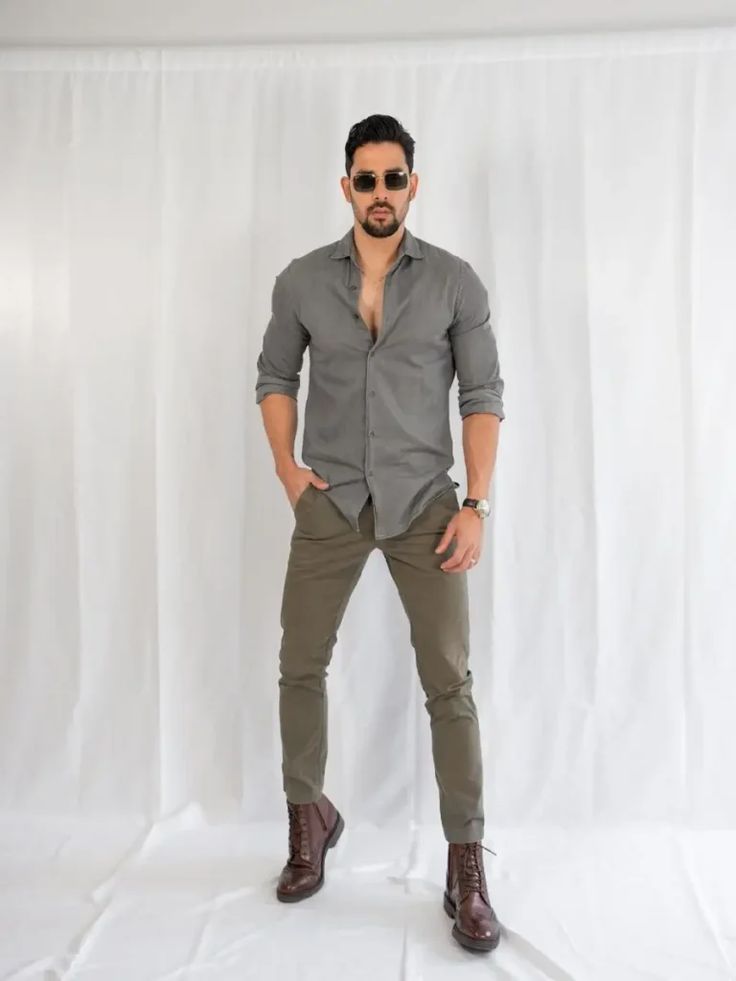 Olive Green Pant with Gray Shirt