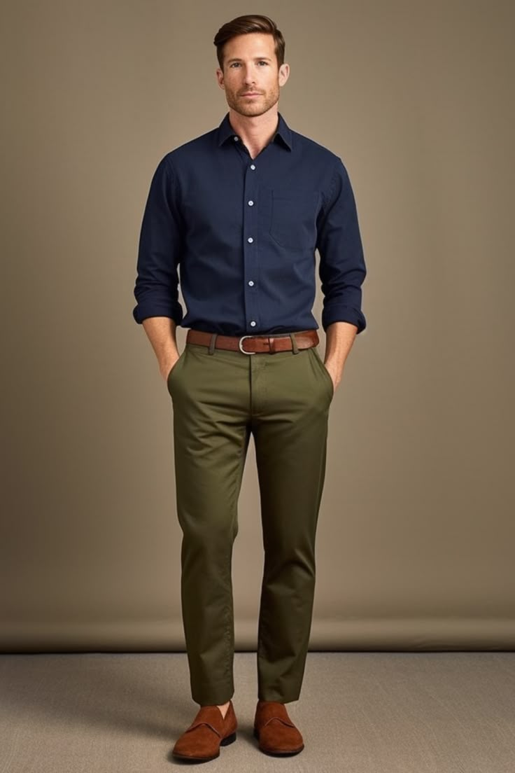 Olive Green Pant with Navy Blue Shirt