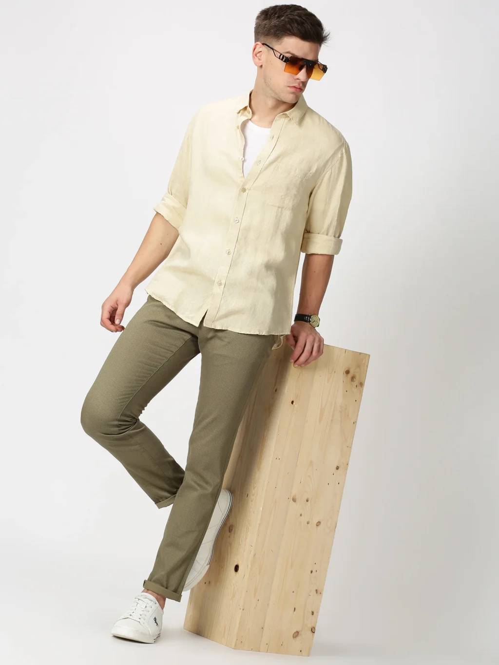 Olive Green Pant with Beige Linen Shirt