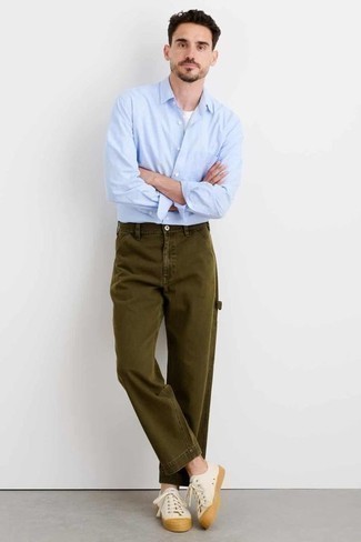 Olive Green Pant with Light Blue Shirt