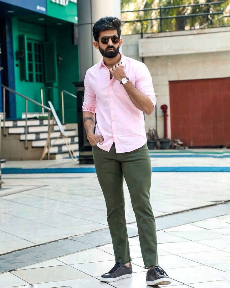 Olive Green Pant with Light Pink Shirt